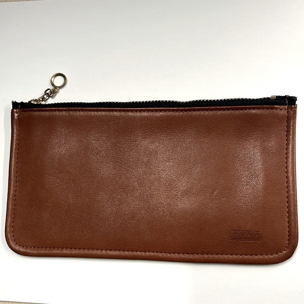 Coach British Tan Leather 7.25” x 3.75” Zip Top Stripe Cotton Lined Clutch Bag